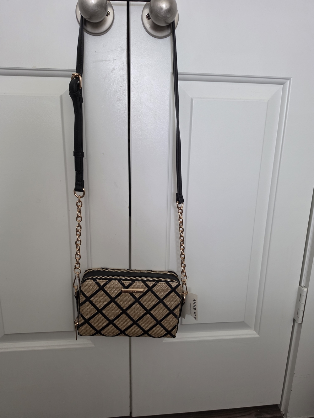 Anne Klein Black and Natural Woven Double Zip Camera Bag NWT